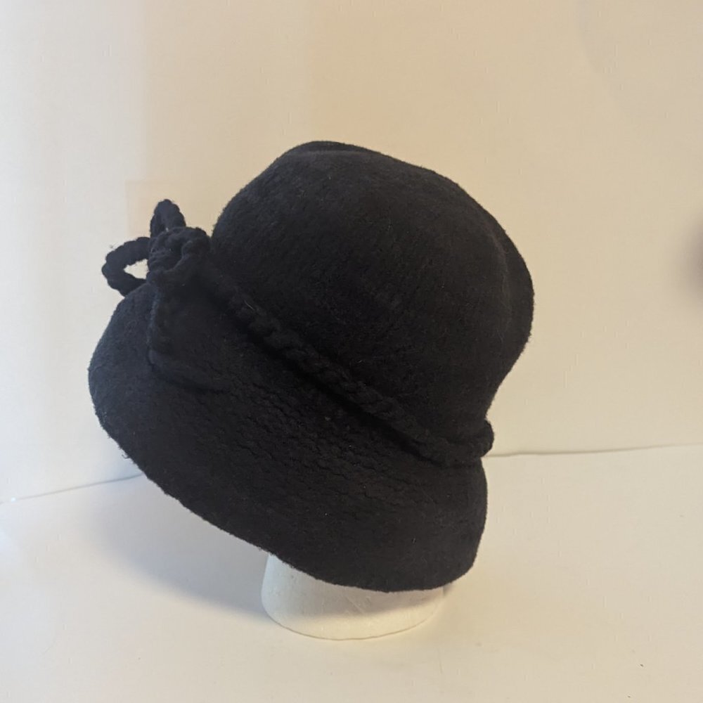 Vintage Wool‎ Blend Cloche Bucket Hat Removable Bow Black - Picture 4 of 5
